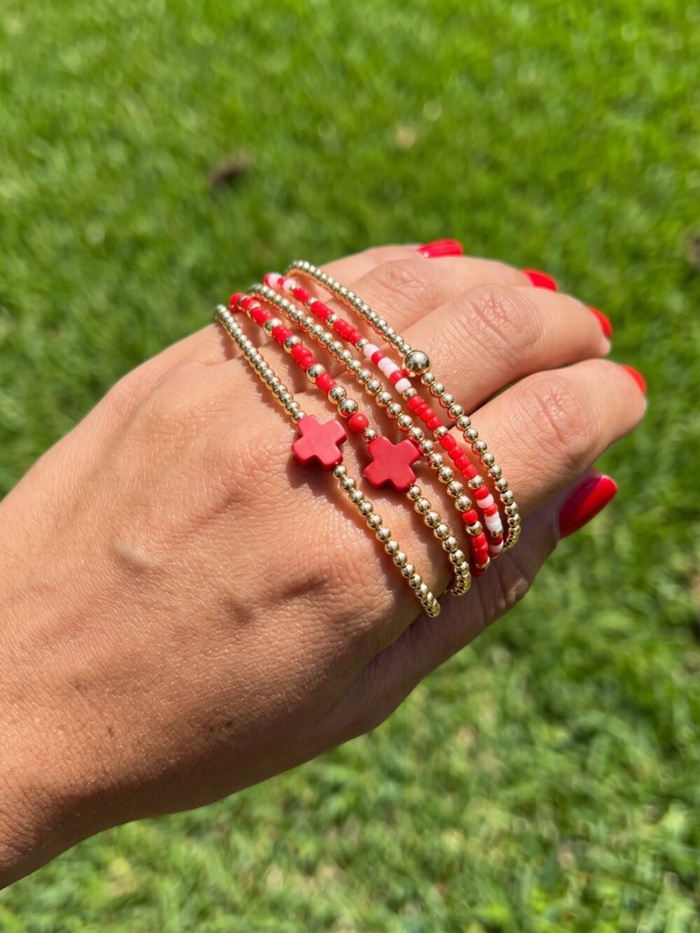 Womens Beaded Gold Bracelet Set of 5 Gold and Red 6.25 Inch Waterproof Stackable